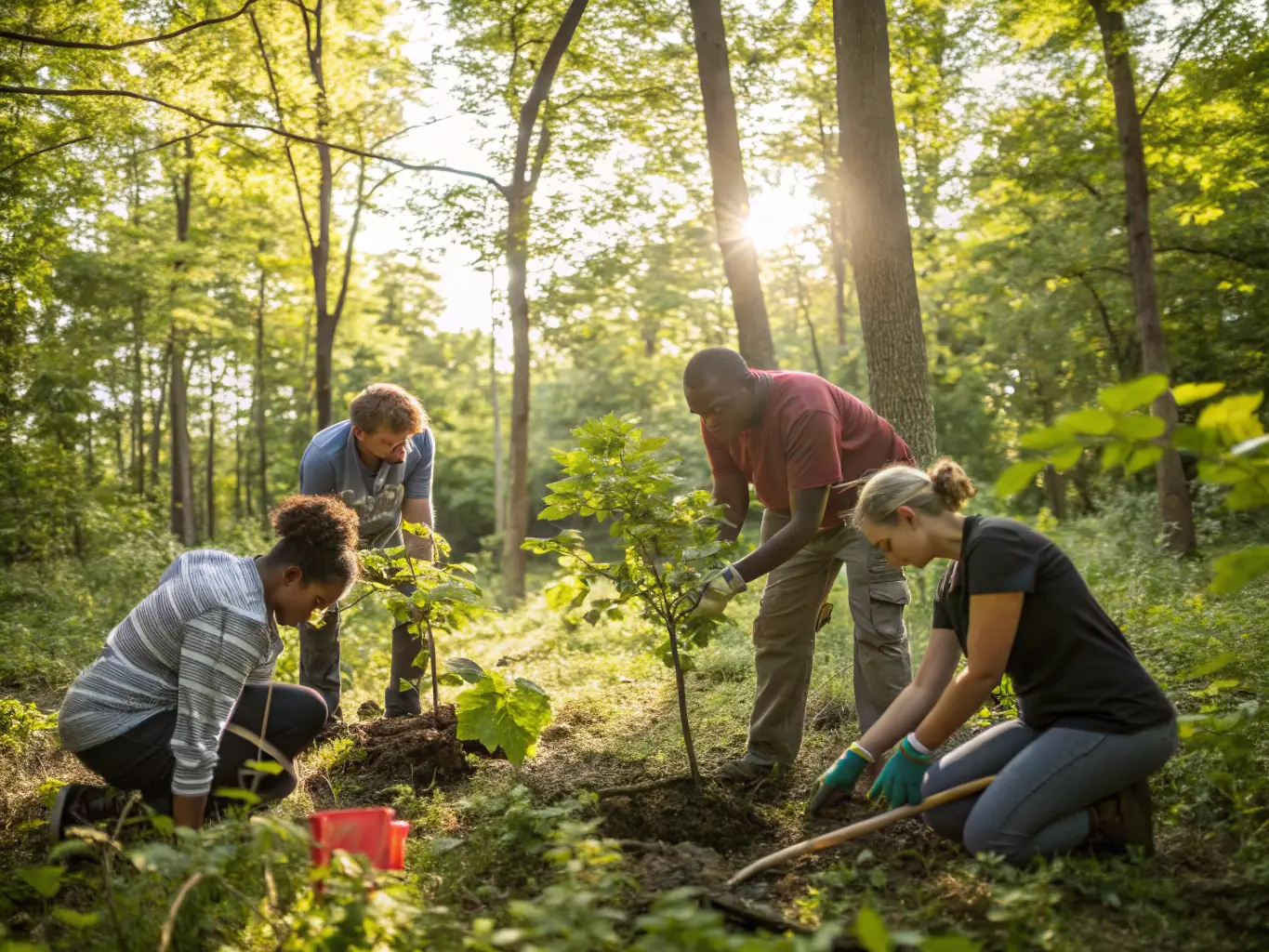 A photograph capturing a group of volunteers participating in a habitat restoration project, planting trees and clearing invasive species in a local forest. The image should convey a sense of community involvement and environmental stewardship.