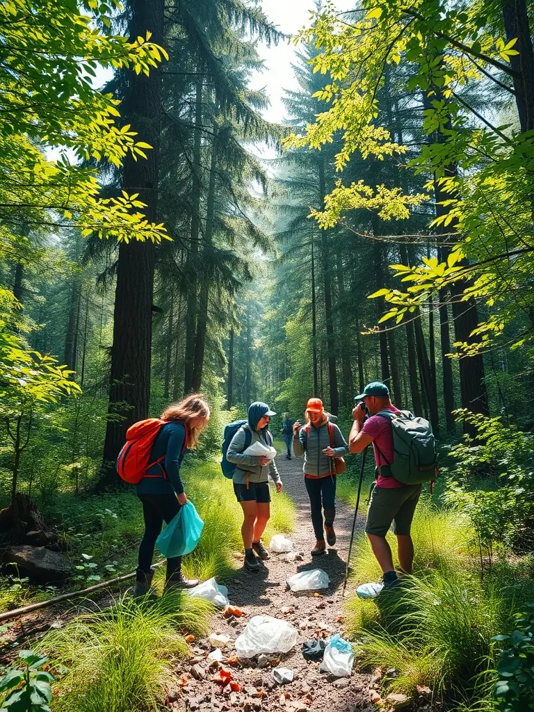 A photograph of association members cleaning up a forest area, highlighting their commitment to environmental protection.