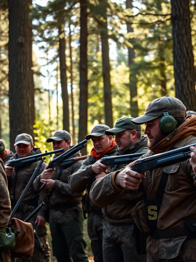A photograph showing members of the association conducting a safety training session for hunters, demonstrating proper firearm handling and safety protocols.