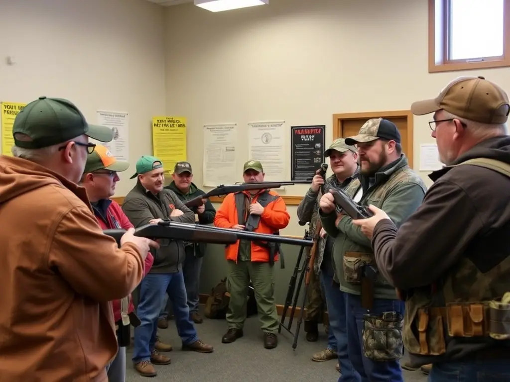 A photograph of a hunter education workshop, showing instructors teaching safe hunting practices to a group of participants. The image should emphasize the importance of responsible hunting and community safety.