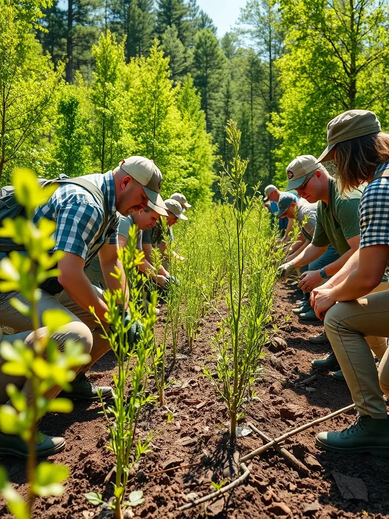 A photograph of association members working together to clear brush and maintain wildlife habitats in a local forest area.